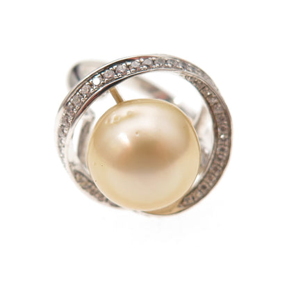 925 Sterling Silver Real Pearl & C Z Modernist Floral Ring Size 6