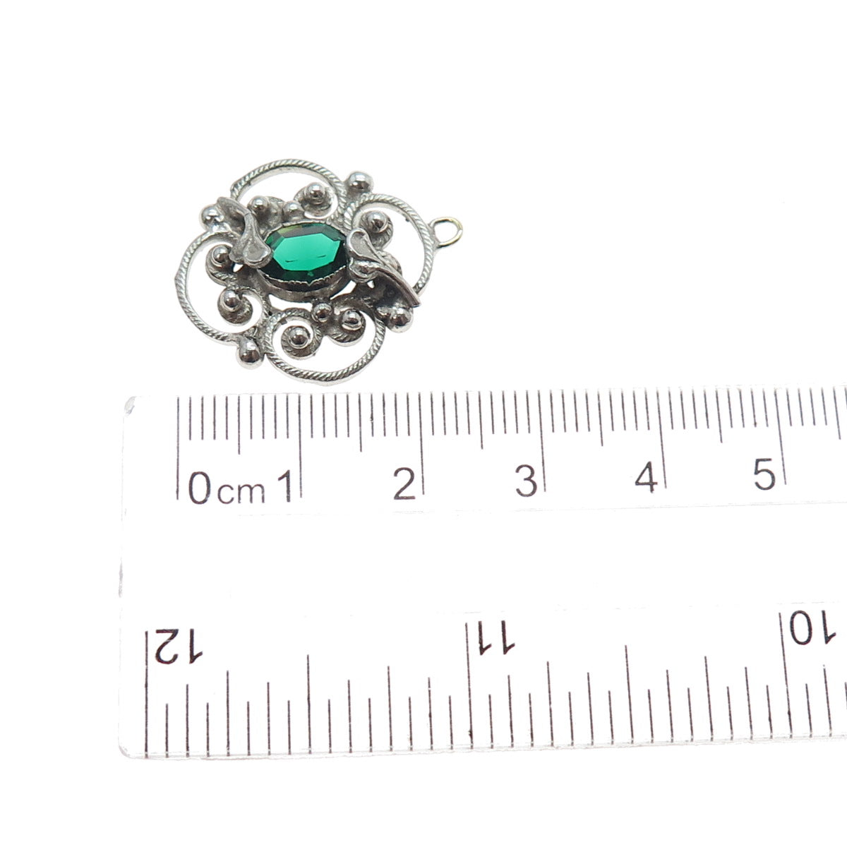 925 Sterling Silver Antique Art Deco Green Rhinestone Floral Mini Charm Pendant