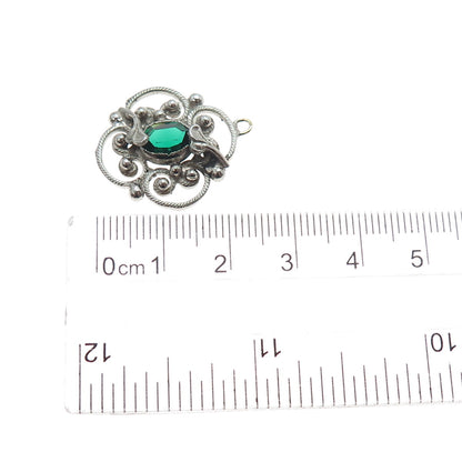 925 Sterling Silver Antique Art Deco Green Rhinestone Floral Mini Charm Pendant