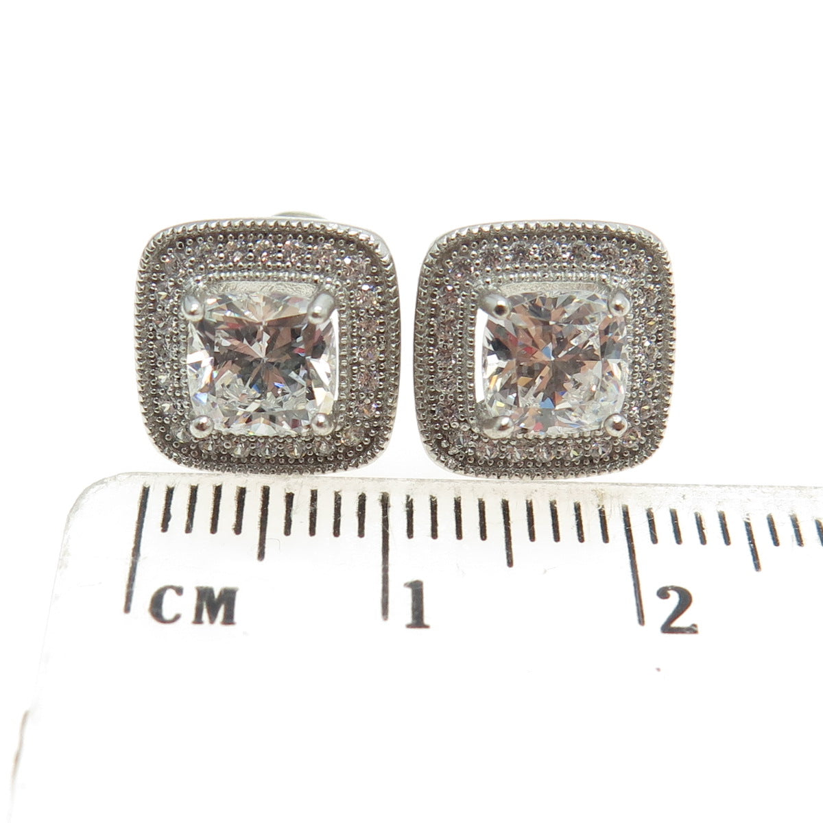 925 Sterling Silver Round-Cut Shaped C Z Square Stud Earrings