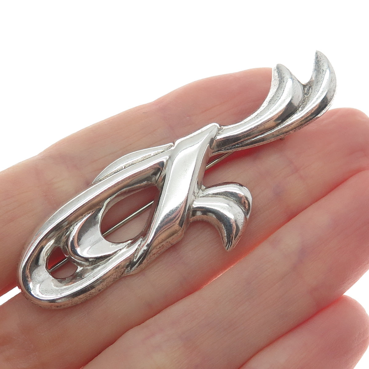 925 Sterling Silver Vintage Modernist Ribbon Pin Brooch