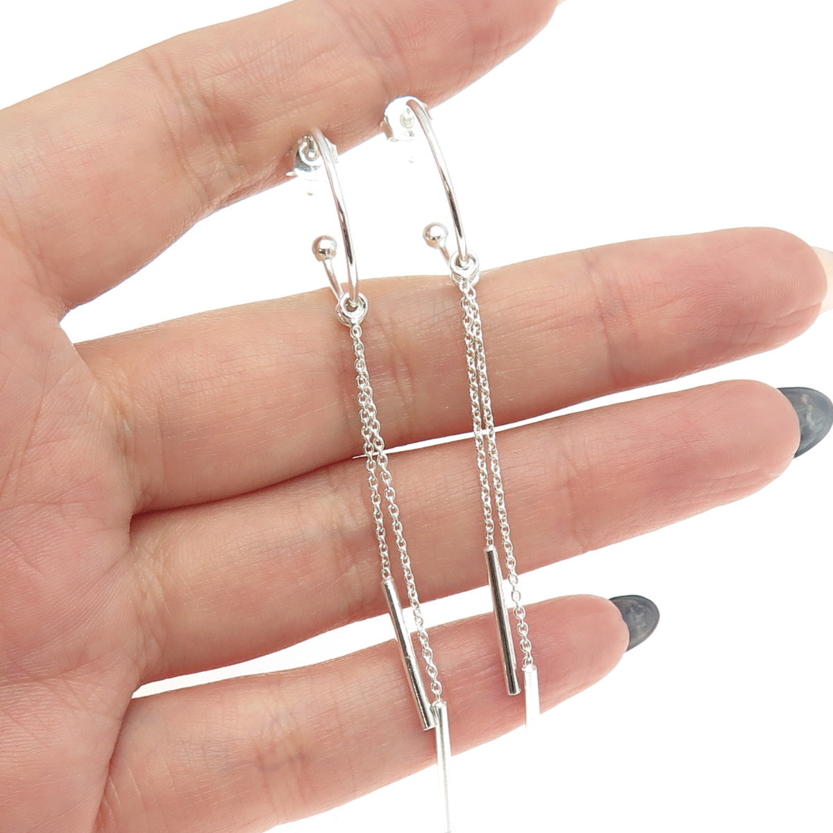 925 Sterling Silver Tassel Chain Drop Bar Hoop Dangling Earrings