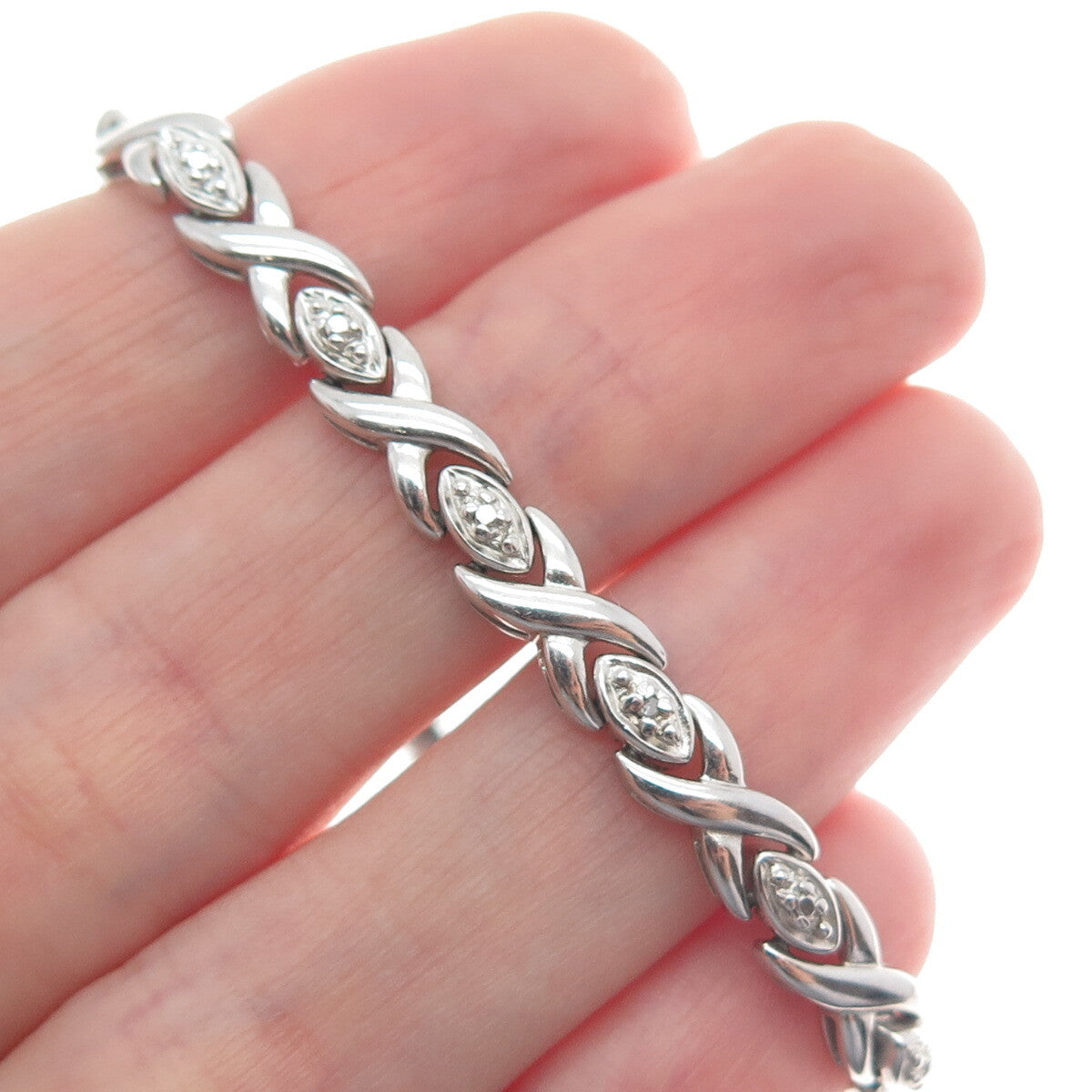 ROSS SIMONS 925 Sterling Silver Real Diamond Accent "XO" Link Bracelet 7.25"