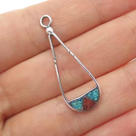 Old Pawn 925 Sterling Silver Vintage Turquoise Coral Inlay Tribal Charm Pendant