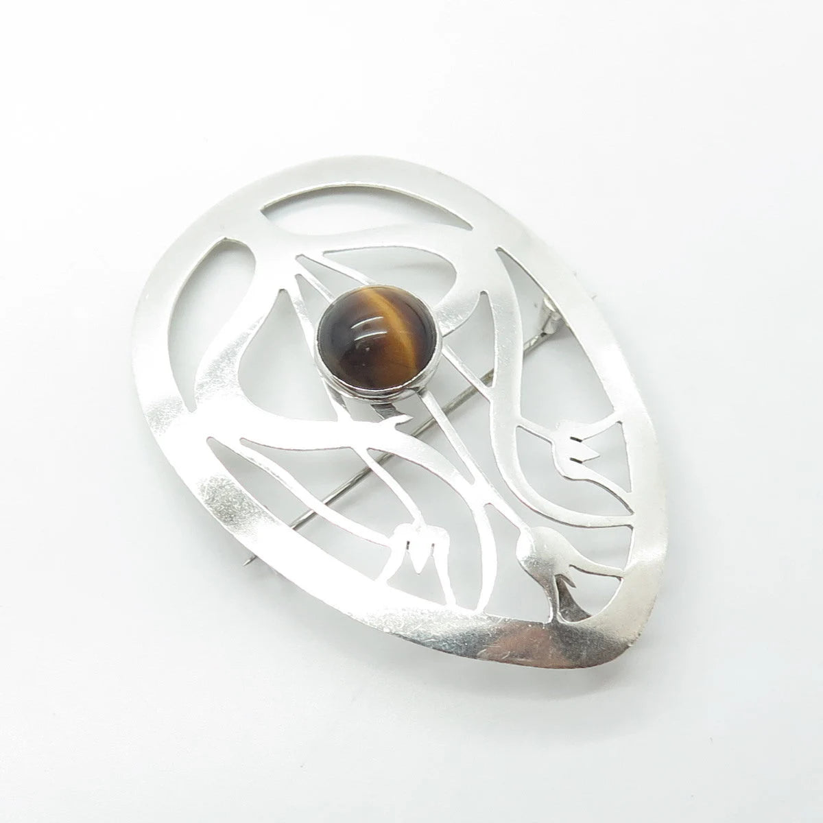 925 Sterling Silver Vintage Israel Real Tiger's Eye Floral Pin Brooch