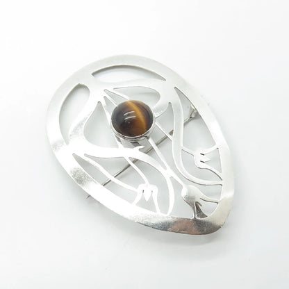 925 Sterling Silver Vintage Israel Real Tiger's Eye Floral Pin Brooch