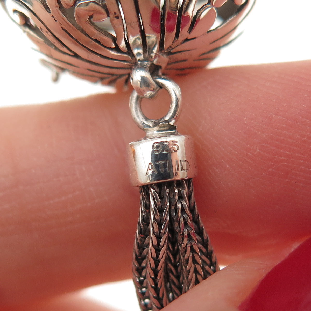 Annika Witt 925 Sterling Silver Vintage Floral Scroll Ball Cage Tassel Pendant