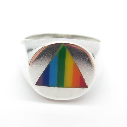 925 Sterling Silver Vintage Rainbow Enamel "Happy Pride" Signet Ring Size 8