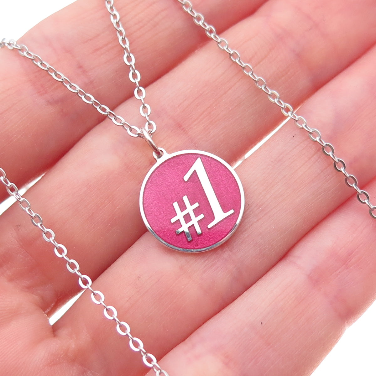 925 Sterling Silver Pink Enamel Number 1 Cable Chain Necklace 18"