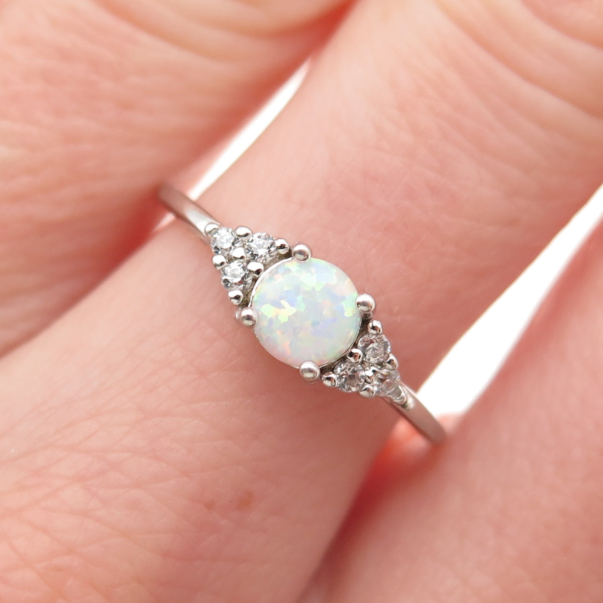 925 Sterling Silver Real Round-Cut Opal & C Z Ring Size 7