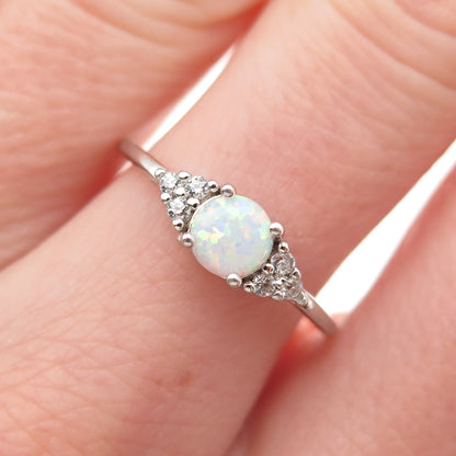 925 Sterling Silver Real Round-Cut Opal & C Z Ring Size 7