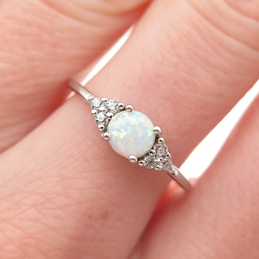 925 Sterling Silver Real Round-Cut Opal & C Z Ring Size 7