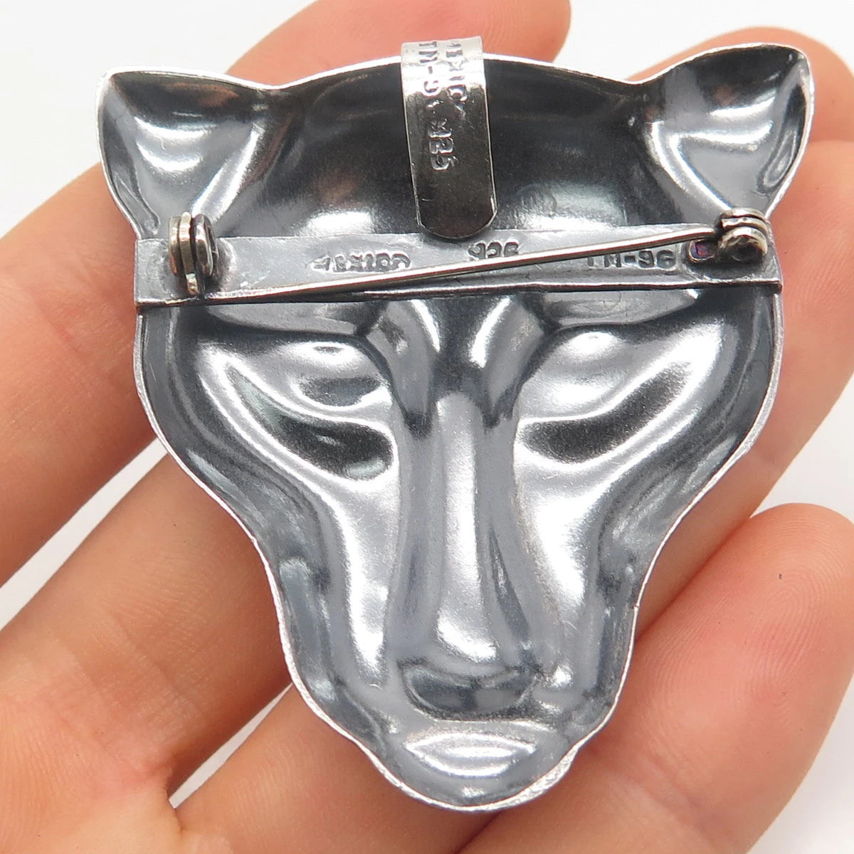 925 Sterling Silver Vintage Mexico Leopard Face Pin Brooch / Pendant