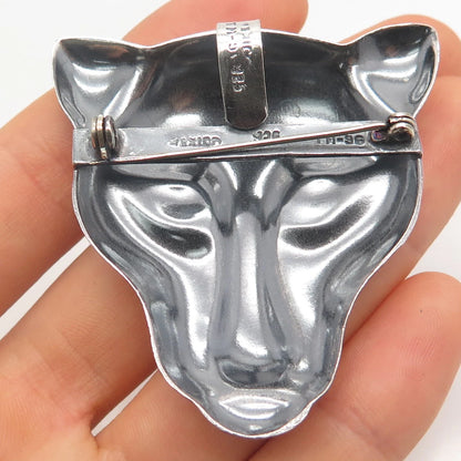 925 Sterling Silver Vintage Mexico Leopard Face Pin Brooch / Pendant