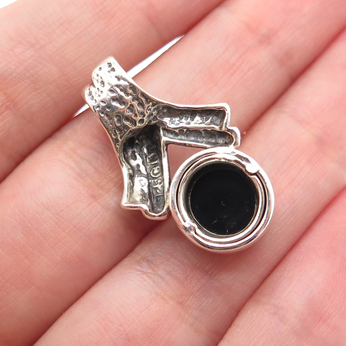 MORNING SUN 925 Sterling Silver Vintage Black Onyx Ribbon Slide Charm Pendant