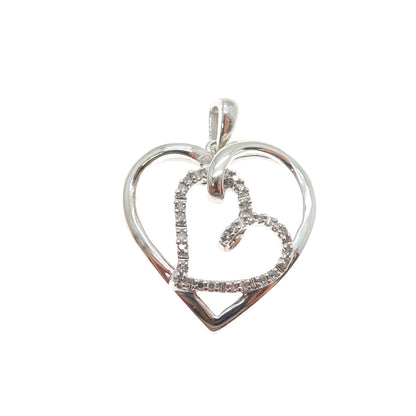925 Sterling Silver Real Round-Cut Diamond Couple Heart Mini Charm Pendant