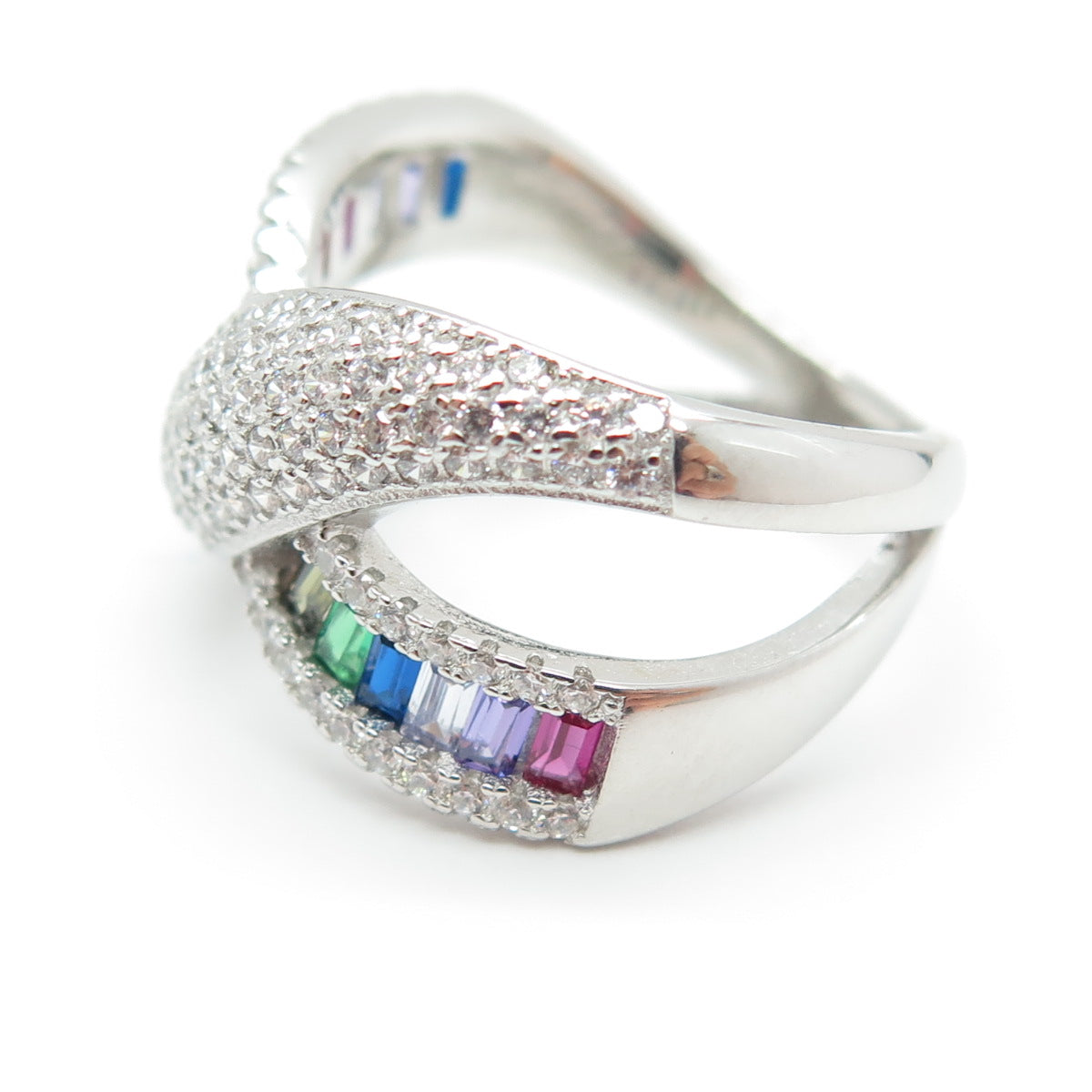 925 Sterling Silver Round Baguette-Cut Multi-Color C Z Crisscross Ring Size 6.25