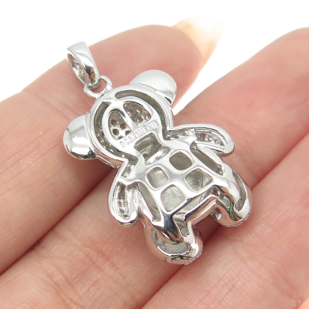 925 Sterling Silver Enamel Round-Cut Blue & White C Z Teddy Bear Pendant