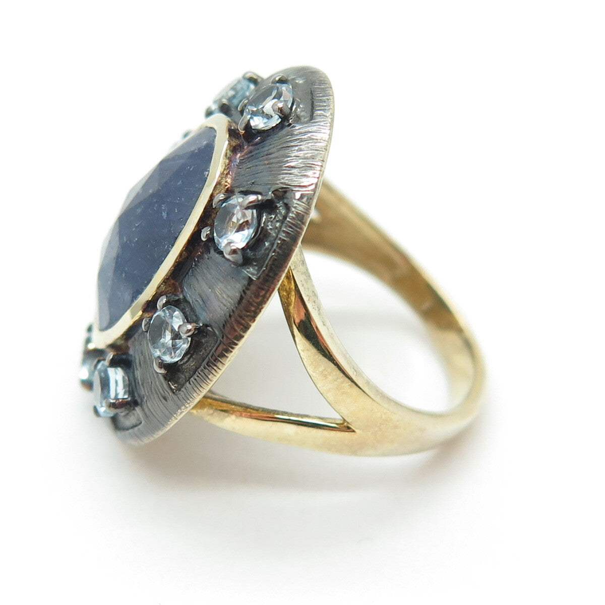 DSMK 925 Sterling Silver 2-Tone Real Sapphire & Blue Topaz Ring Size 6.75