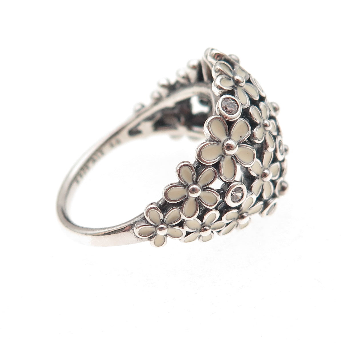 Pandora 925 Sterling Silver Enamel & C Z Darling Daisy Bouquet Ring Size 9.25