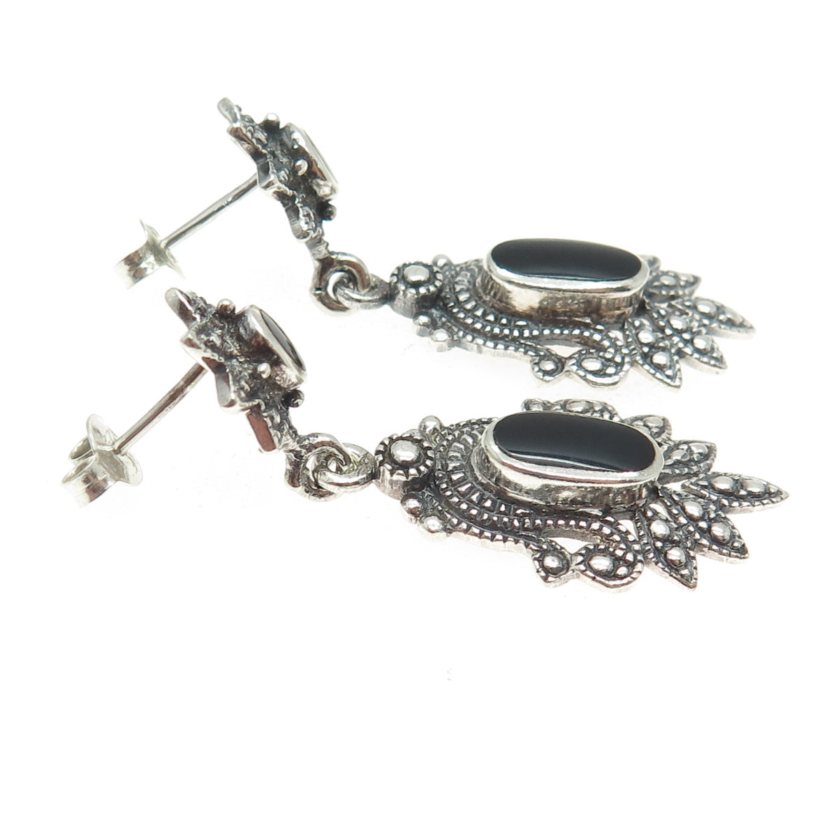 CHAPAL ZENRAY 925 Sterling Silver Vintage Black Onyx Oxidized Dangle Earrings