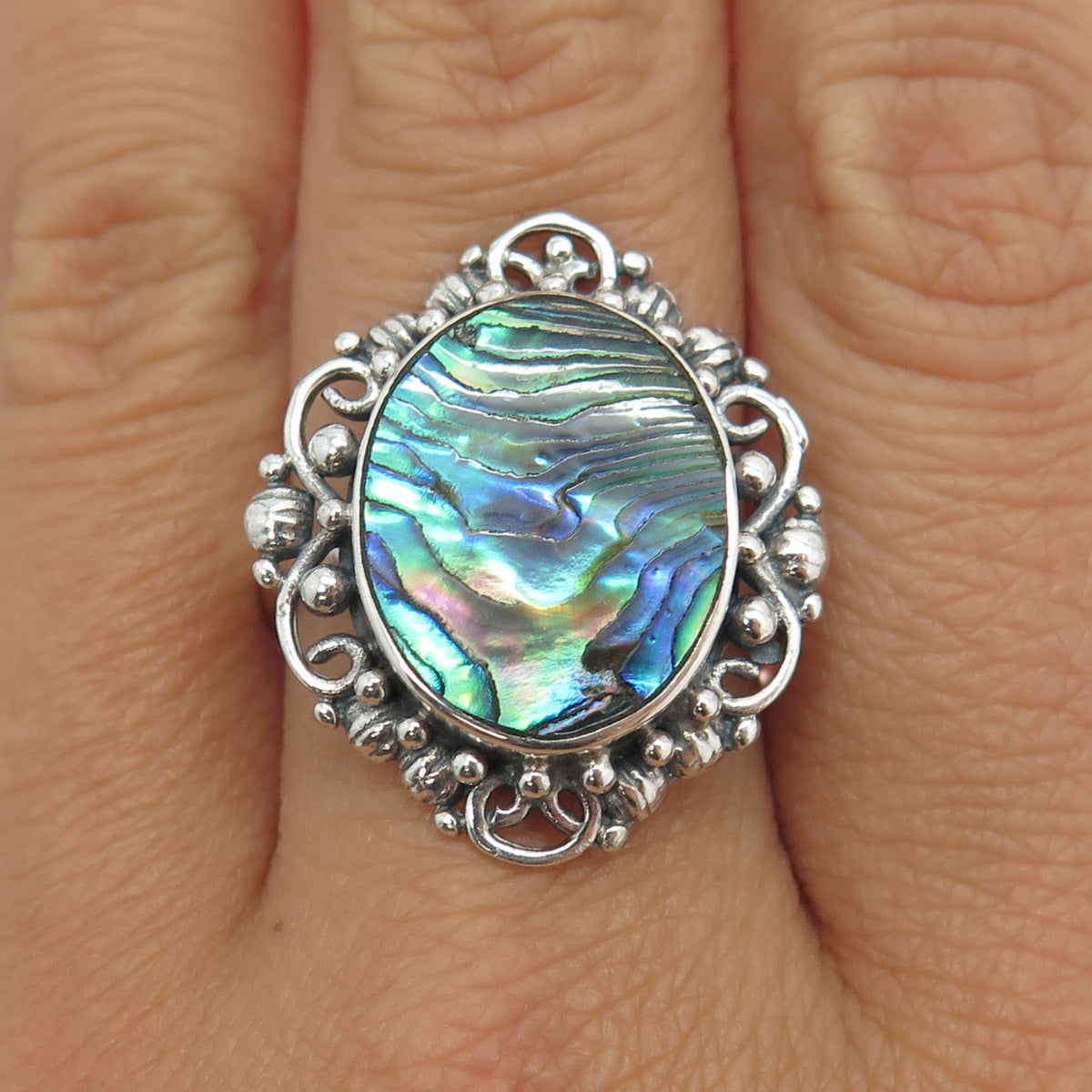 MERAV 925 Sterling Silver Vintage Real Abalone Shell Statement Ring Size 10.25