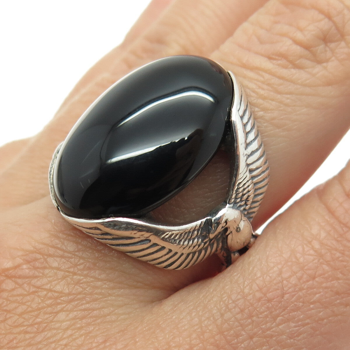 CAROLYN POLLACK 925 Sterling Silver Vintage Black Onyx Gem Eagle Ring Size 10