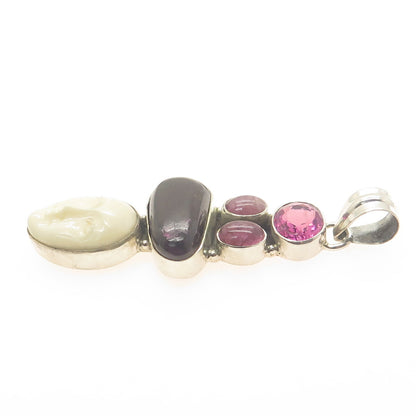925 Sterling Silver Vintage Real Pink Amethyst Tourmaline & MOP Goddess Pendant