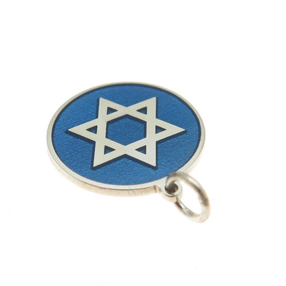 925 Sterling Silver Blue Enamel Star of David Round Tag Minimalist Charm Pendant