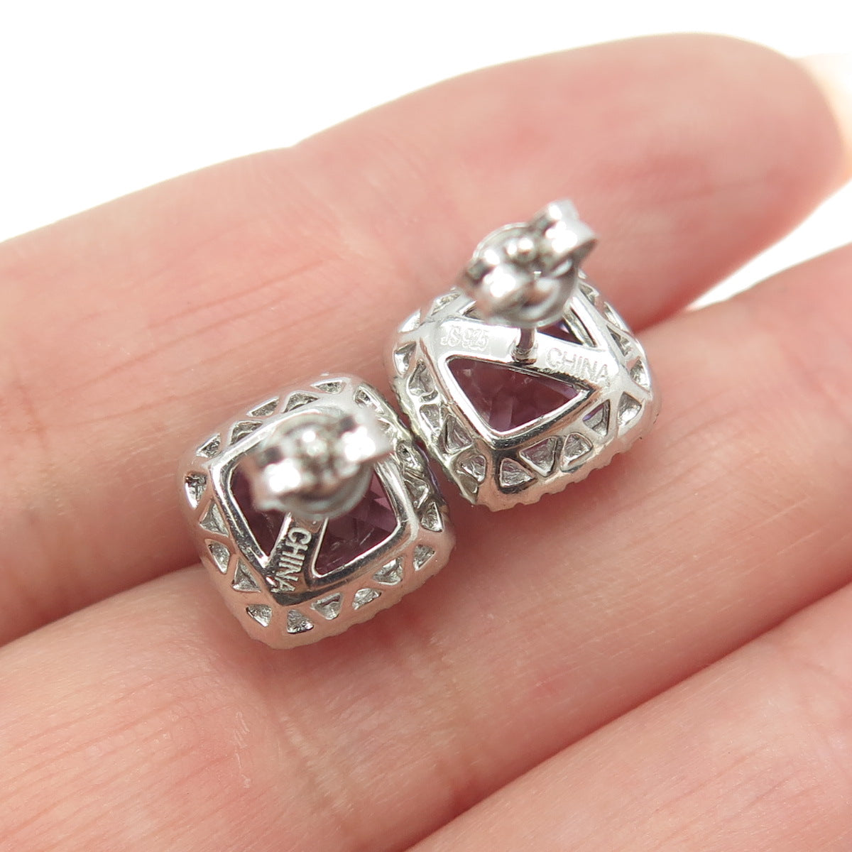 925 Sterling Silver Real Amethyst & C Z Cushion Stud Earrings