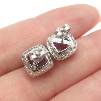 925 Sterling Silver Real Amethyst & C Z Cushion Stud Earrings