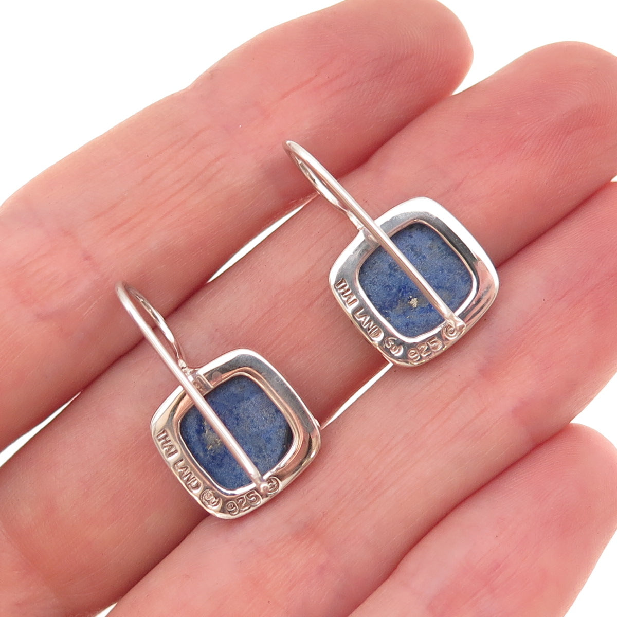925 Sterling Silver Vintage Real Lapis Square Earrings