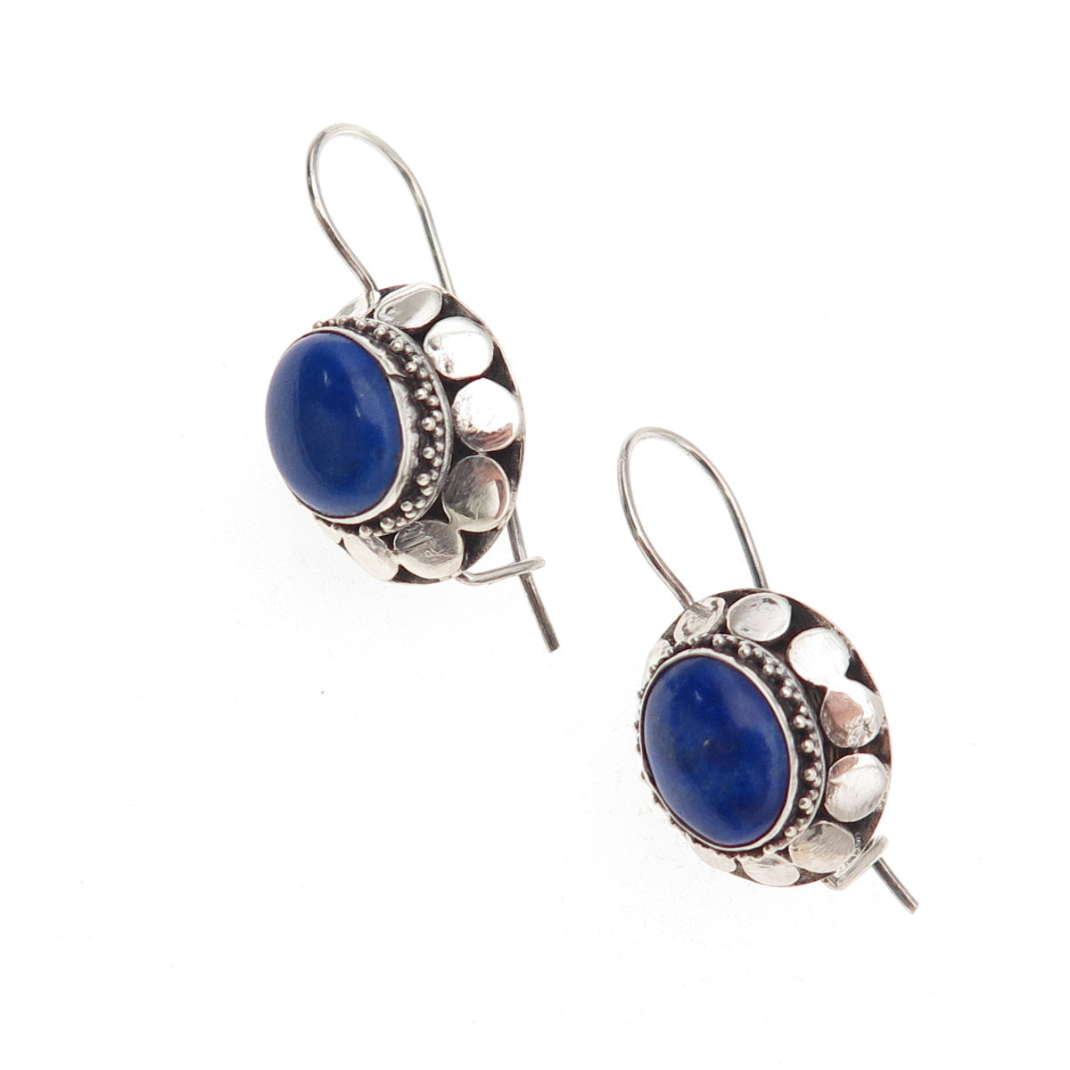 925 Sterling Silver Vintage Real Lapis Dotted Oxidized Earrings