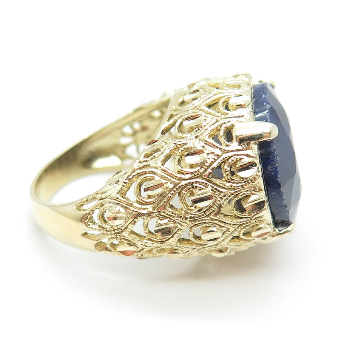 925 Sterling Silver Gold Plated Real Round-Cut Sapphire Ornate Ring Size 7