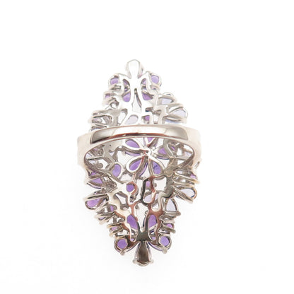 925 Sterling Silver Real Amethyst & Tanzanite Floral Cluster Ring Size 8