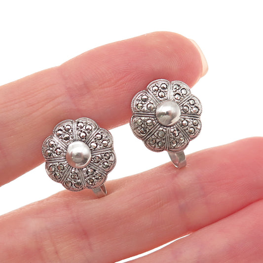 925 Sterling Silver Antique Art Deco Real Marcasite Floral Screw Back Earrings