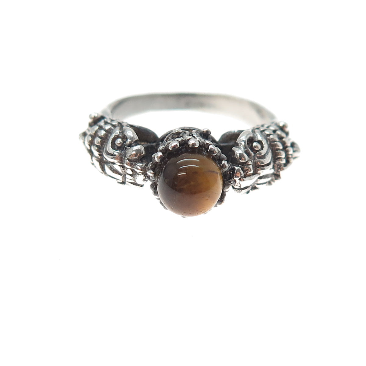 950 Silver Vintage Real Tiger Eye Dragon Oxidized Ring Size 5.5