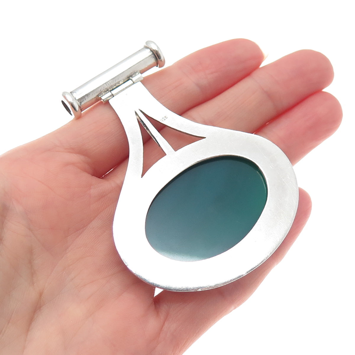 925 Sterling Silver Vintage Real Green Agate Modernist Slide Large Pendant