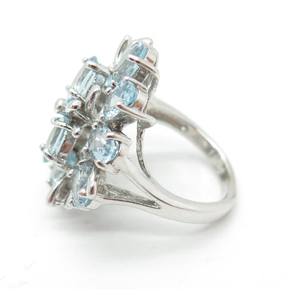 925 Sterling Silver Real Blue Topaz Gemstone Modernist Floral Ring Size 5