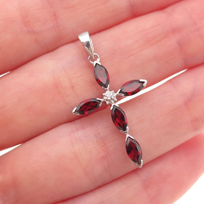 925 Sterling Silver Real Diamond Accent & Red Garnet Cross Charm Pendant