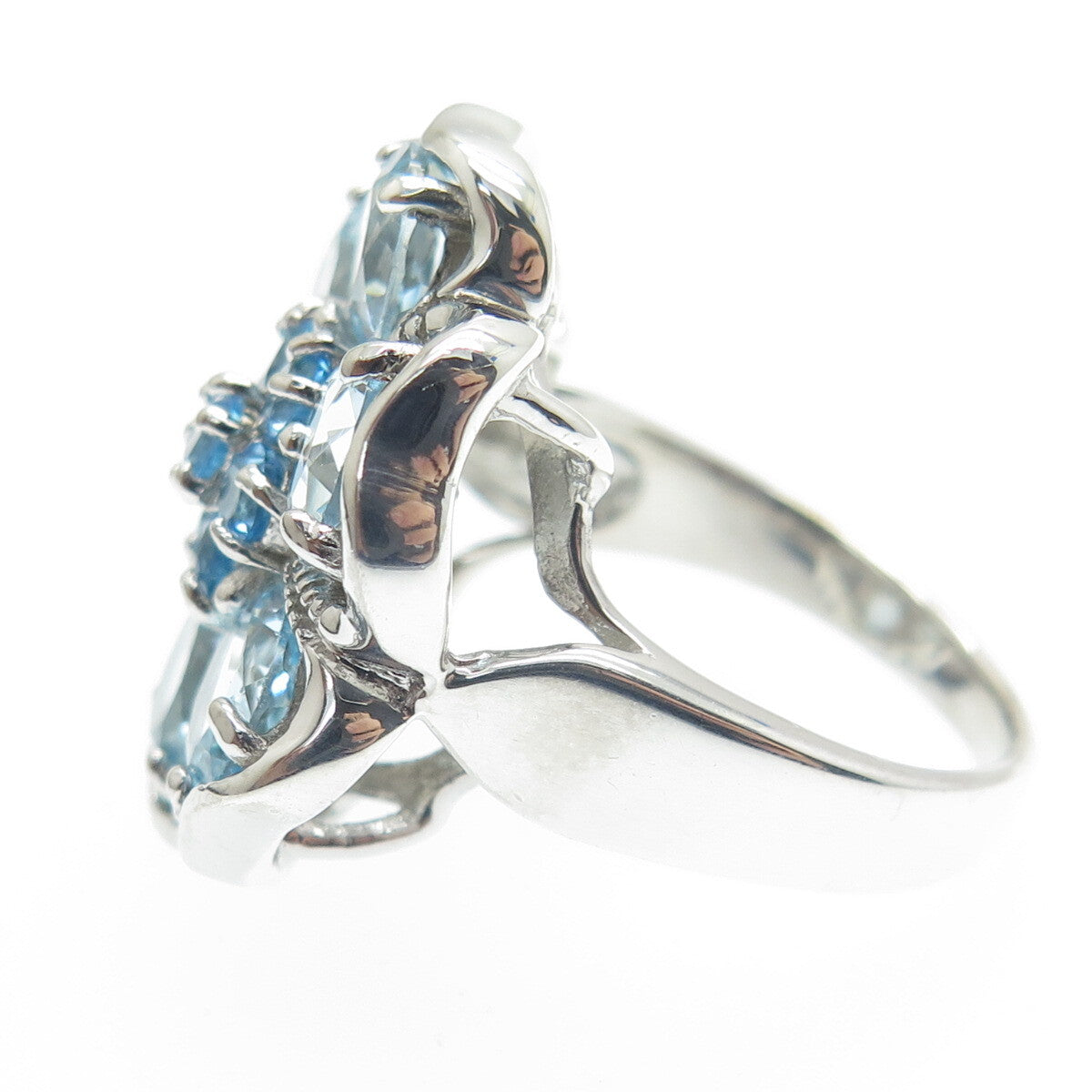 925 Sterling Silver Real Swiss & Blue Topaz Gemstone Flower Wide Ring Size 7.25