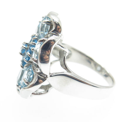 925 Sterling Silver Real Swiss & Blue Topaz Gemstone Flower Wide Ring Size 7.25