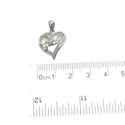 925 Sterling Silver 2-Tone Real Round-Cut Diamond Love Heart Charm Pendant