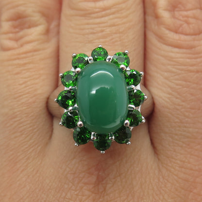 925 Sterling Silver Real Cabochon Jade & Round-Cut Peridot Ring Size 11