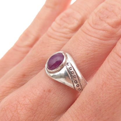 925 Sterling Silver Vintage Real Ruby Modernist Oxidized Ring Size 10.25