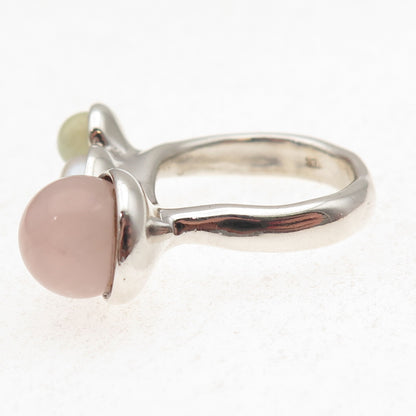 925 Sterling Silver Vintage Real Rose Quartz Jade Pearl Modernist Ring Size 7.75