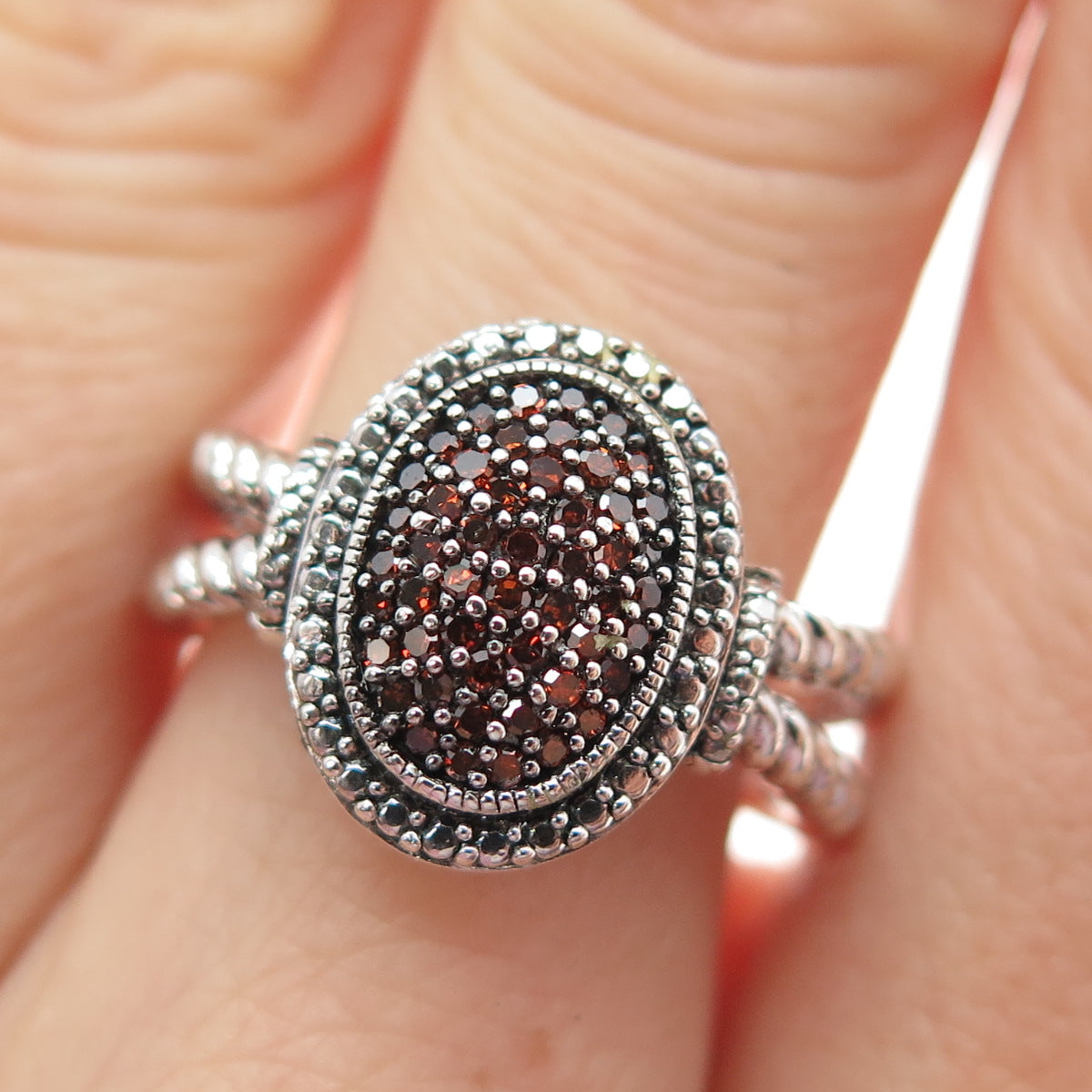 J. STELLA 925 Sterling Silver Real Round-Cut White & Cognac Diamond Ring Size 7
