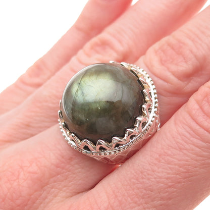 925 Sterling Silver Real Labradorite Crown Ring Size 6.5