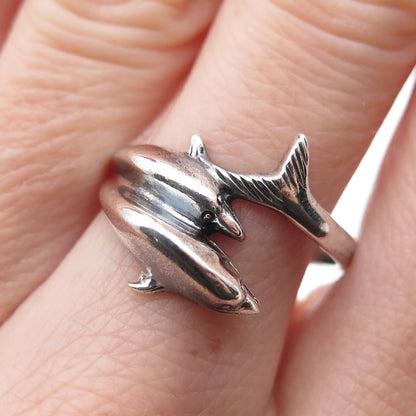 925 Sterling Silver Vintage Dolphin Couple Oxidized Ring Size 8.75