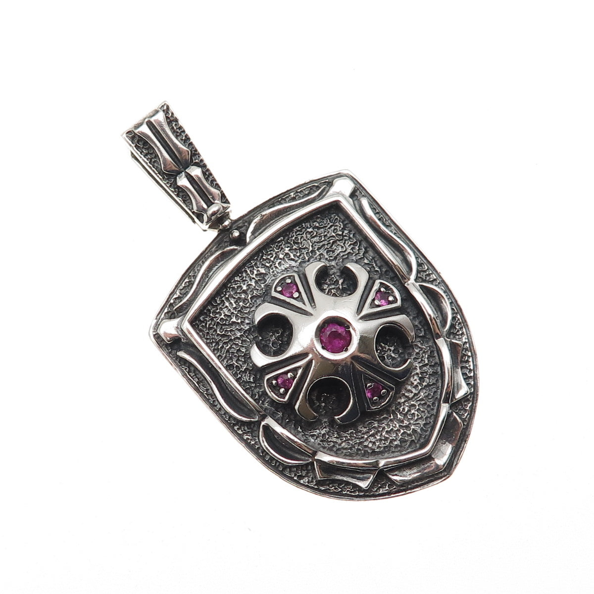 Jolusa 925 Sterling Silver Black Rhodium Real Ruby Floral Cross Shield Pendant